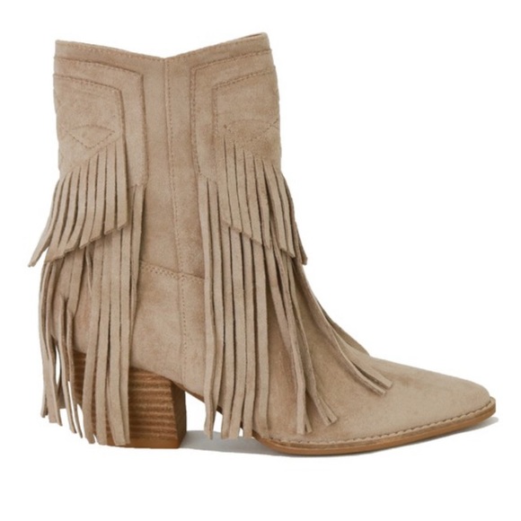 New Boho Faux Suede Taupe Fringed Block Heel Booties - Picture 2 of 9